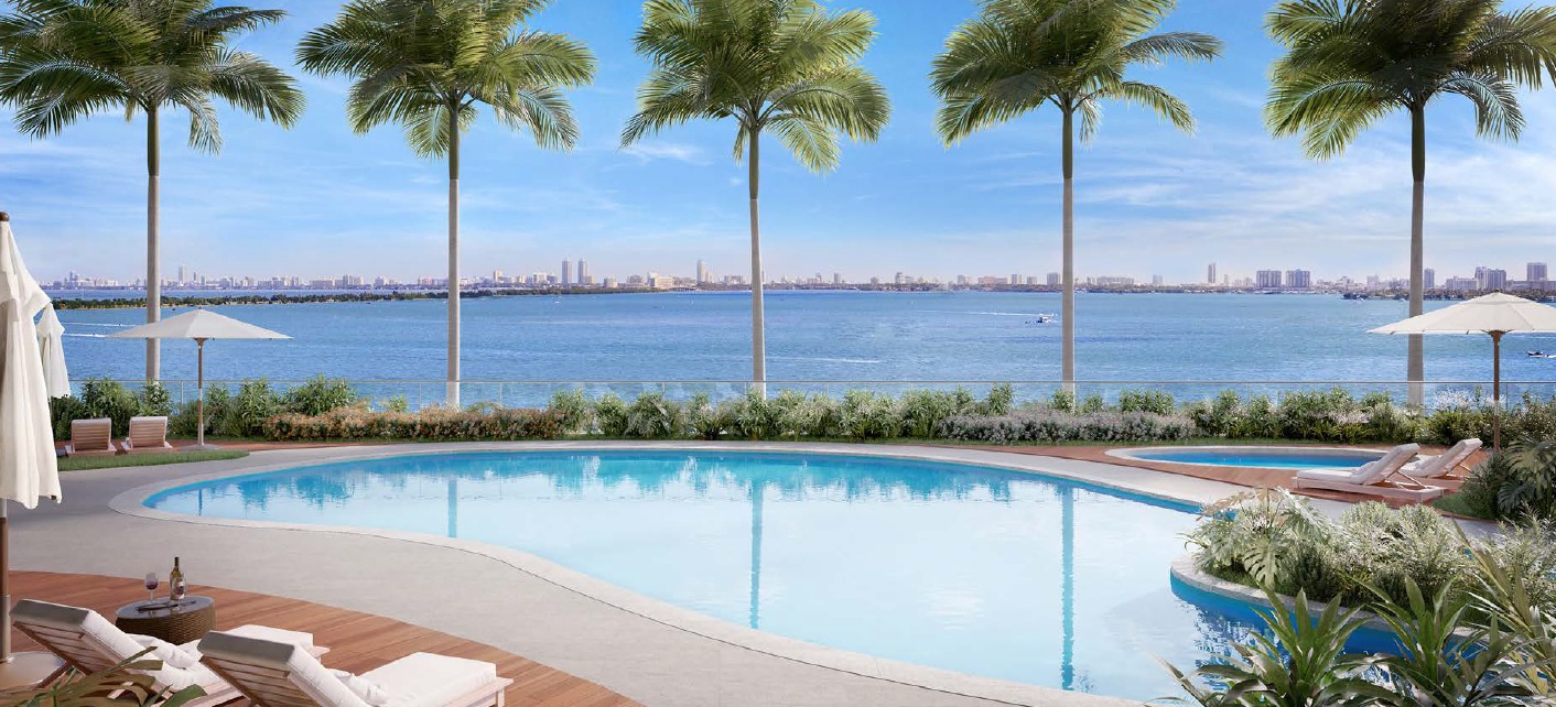 Pool deck at Aria Reserve with Biscayne Bay views